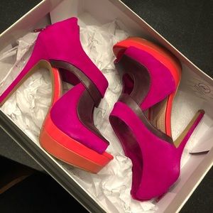 Pink orange Jessica Simpson heels booties